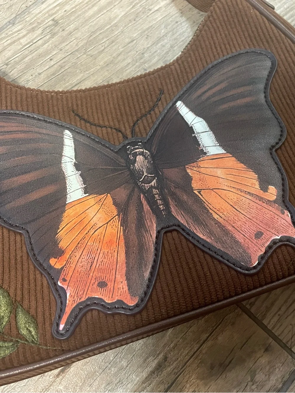 Brown Corduroy Shoulder Bag with Butterfly Appliqué and Floral Embroidery
